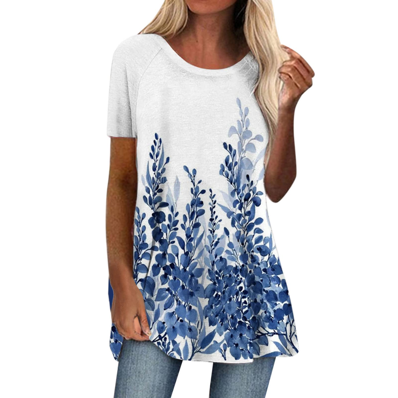 Women's Summer Casual Floral Print Short Sleeve Crewneck T-Shirt - Breathable Work Blouse for Office & Outdoor Activities