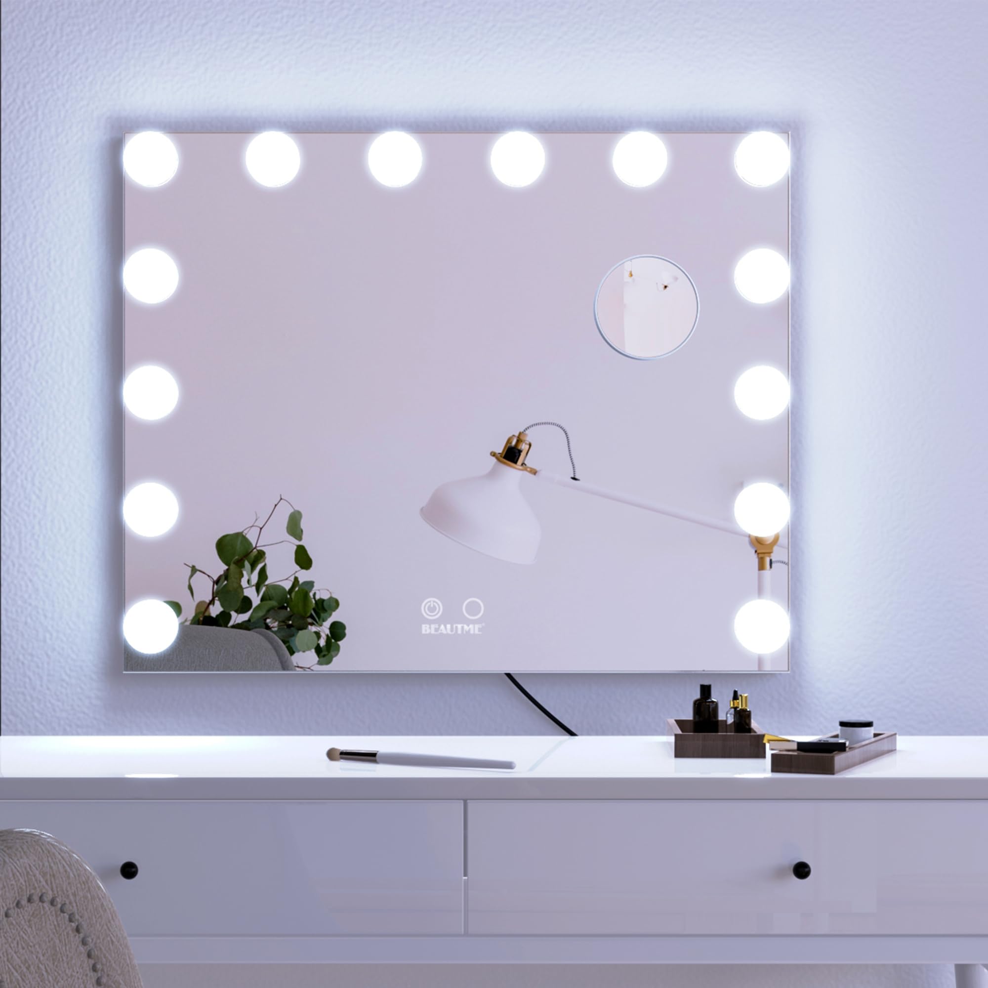 BEAUTME Hollywood Style Vanity Mirror with LED Lights - 24.4x19.7 Inch Tabletop/Wall Mounted Makeup Mirror, Detachable 10X Magnification for Precise Makeup Application - Perfect for Dressing Room, Bedroom & Bathroom Vanity (Silver)