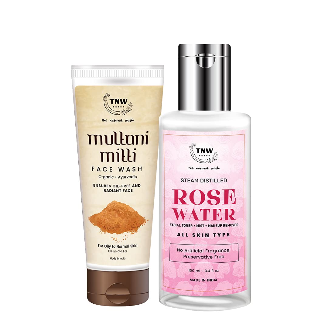 TNW-The Natural Wash Multani Mitti Clay Face Wash (100ml) & Steam Distilled Rose Water (100ml) | Gentle Cleansing & Hydrating Combo for All Skin Types | Perfect for Daily Skincare, Makeup Removal & Glowing Skin