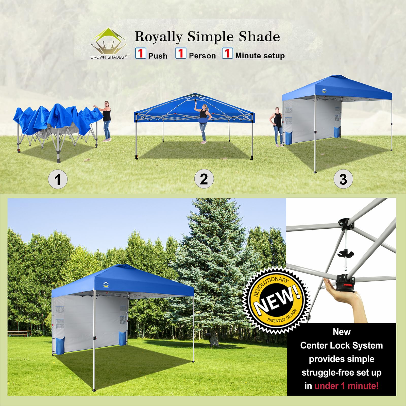 10x10 Pop Up Canopy Tent with Sidewalls & Pockets - Easy One-Person Setup Portable Sun Shelter for Camping, Beach, Backyard, Picnics & Outdoor Events - Blue Instant Shade Canopy by CROWN SHADES