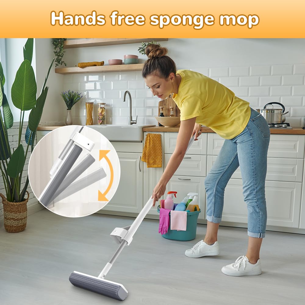Self-Wringing Sponge Mop for Floor Cleaning - Hands-Free Roller Sponge Mop with 4 Replaceable Heads - Ideal for Kitchen, Bathroom & Hardwood Floors - Easy Self-Washing & Squeezing Design for Effortless Cleaning
