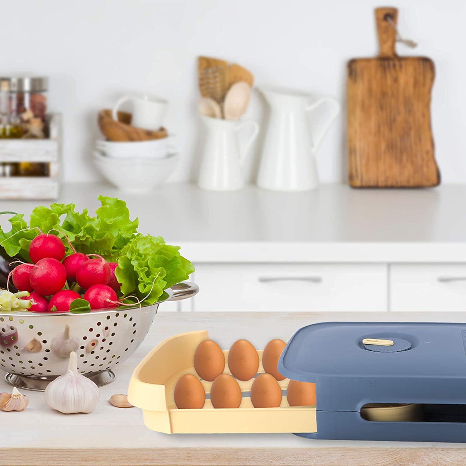 ONPRIX Refrigerator Egg Storage Container - 18-21 Egg Capacity, Airtight Lid, Drawer Design for Freshness - Perfect for Kitchen, Fridge Organization & Food Storage (Blue)