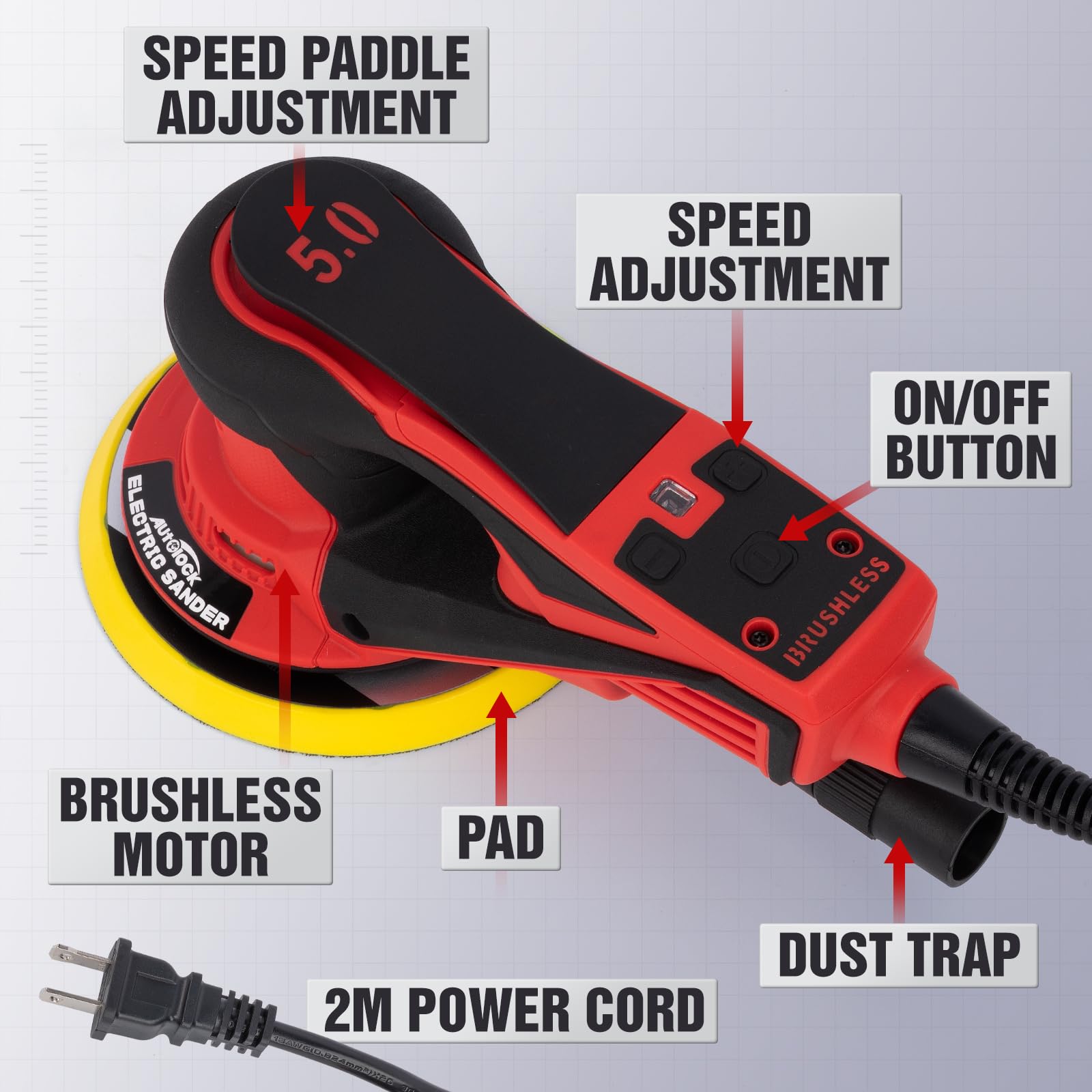 Autolock Electric Random Orbital Sander - 350W Brushless Motor with 5 & 6 Inch Pads, 10000RPM Palm Sander for Woodworking, Sanding & Polishing (Red) - Perfect for DIY Projects, Furniture Refinishing & Auto Body Work