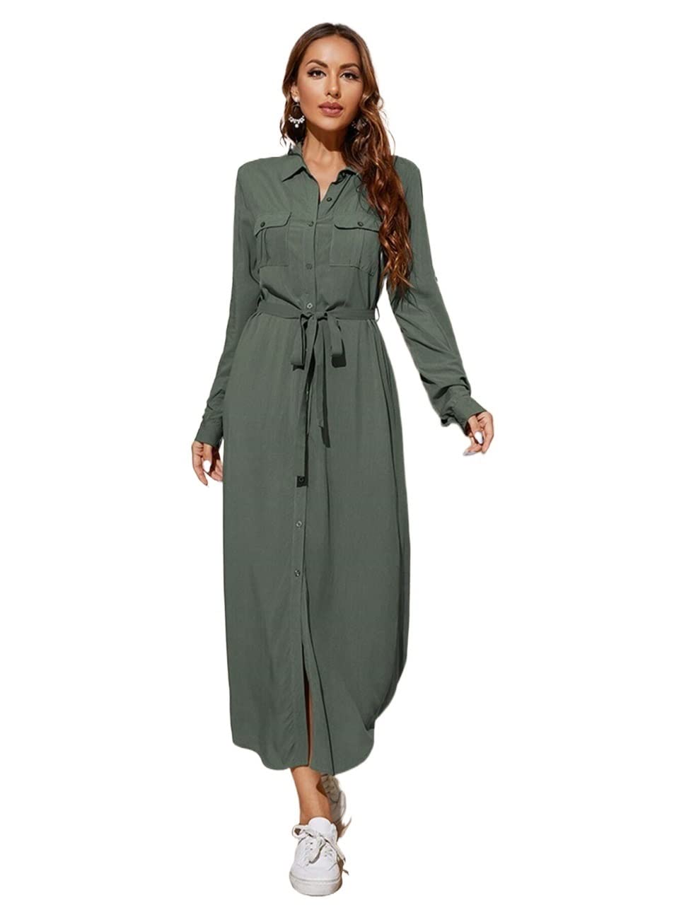 IFAJOR Women's Casual Summer Shirt Dress with Roll-Up Sleeves & Flap Pockets - Belted Army Green XL | Perfect for Beach Outings, Picnics & Summer Vacations
