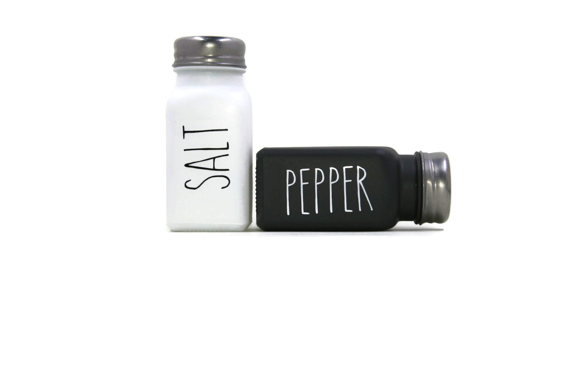 Farmhouse Salt and Pepper Shakers Set - Black and White Painted Glass Shakers with Rustic Labels | Perfect for Kitchen, Dining Table & Farmhouse Decor