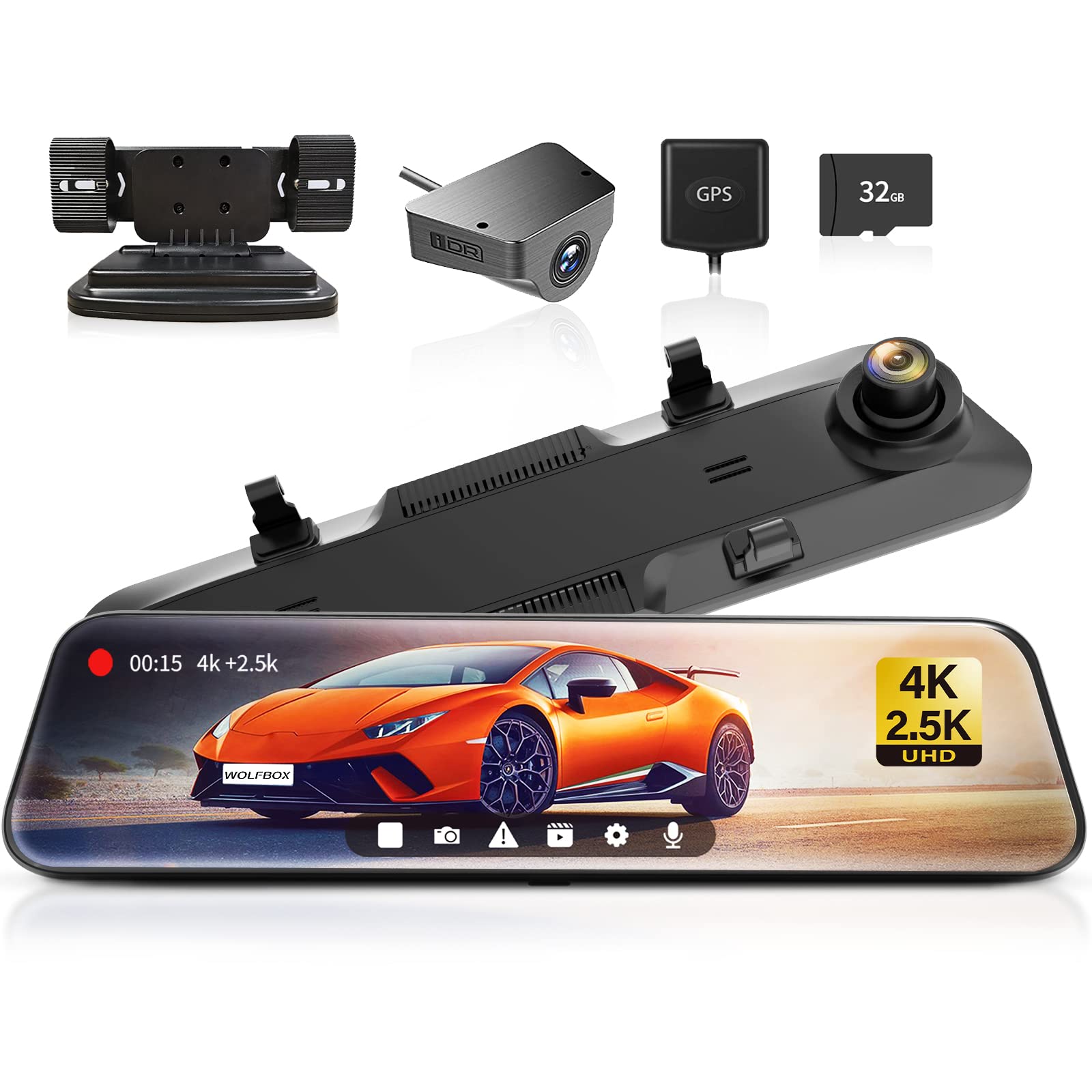 WOLFBOX G900 Mirror Dash Cam with Center Console Base Bracket - Universal Fit for Cars, Trucks & SUVs | Easy Installation, HD Recording, Night Vision | Perfect for Commuting, Road Trips & Fleet Vehicles
