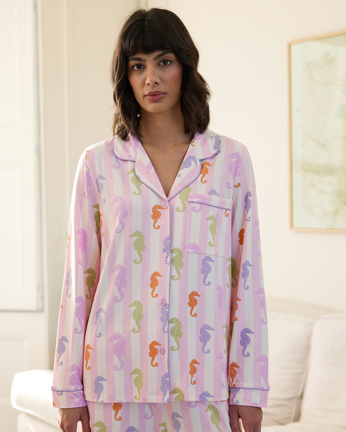 Seahorse Stripe Print Long Sleeve Pajama Set for Women - Soft & Comfortable Sleepwear for Nighttime & Lounge Wear