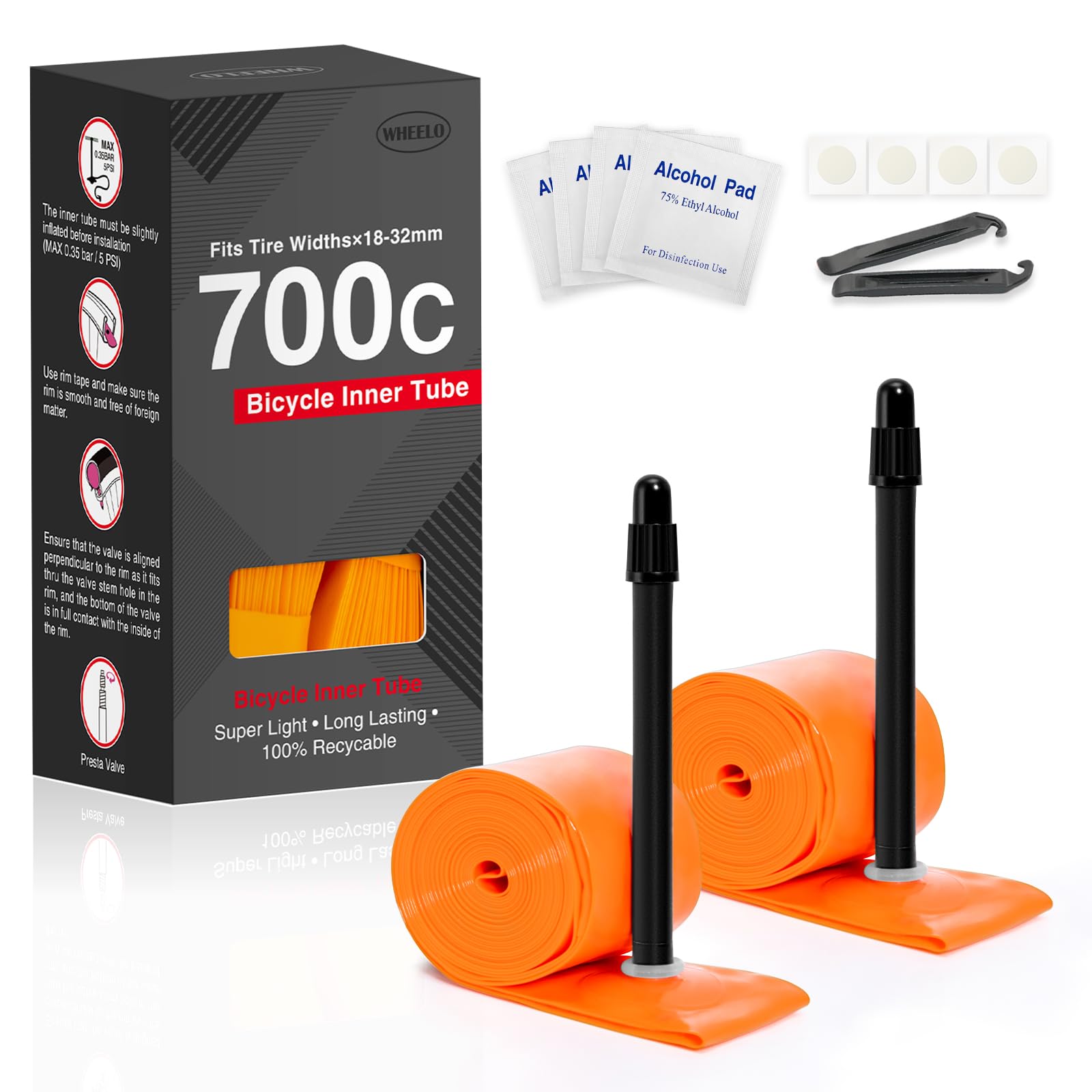 **2-Pack 700C x 18-32C TPU Bike Inner Tubes – Ultralight & Durable for Road, Gravel & AllRoad Bikes – Includes 45mm/65mm/85mm Presta Valves & Tube Patch Repair Kit – Perfect for Commuting, Racing & Long-Distance Cycling**