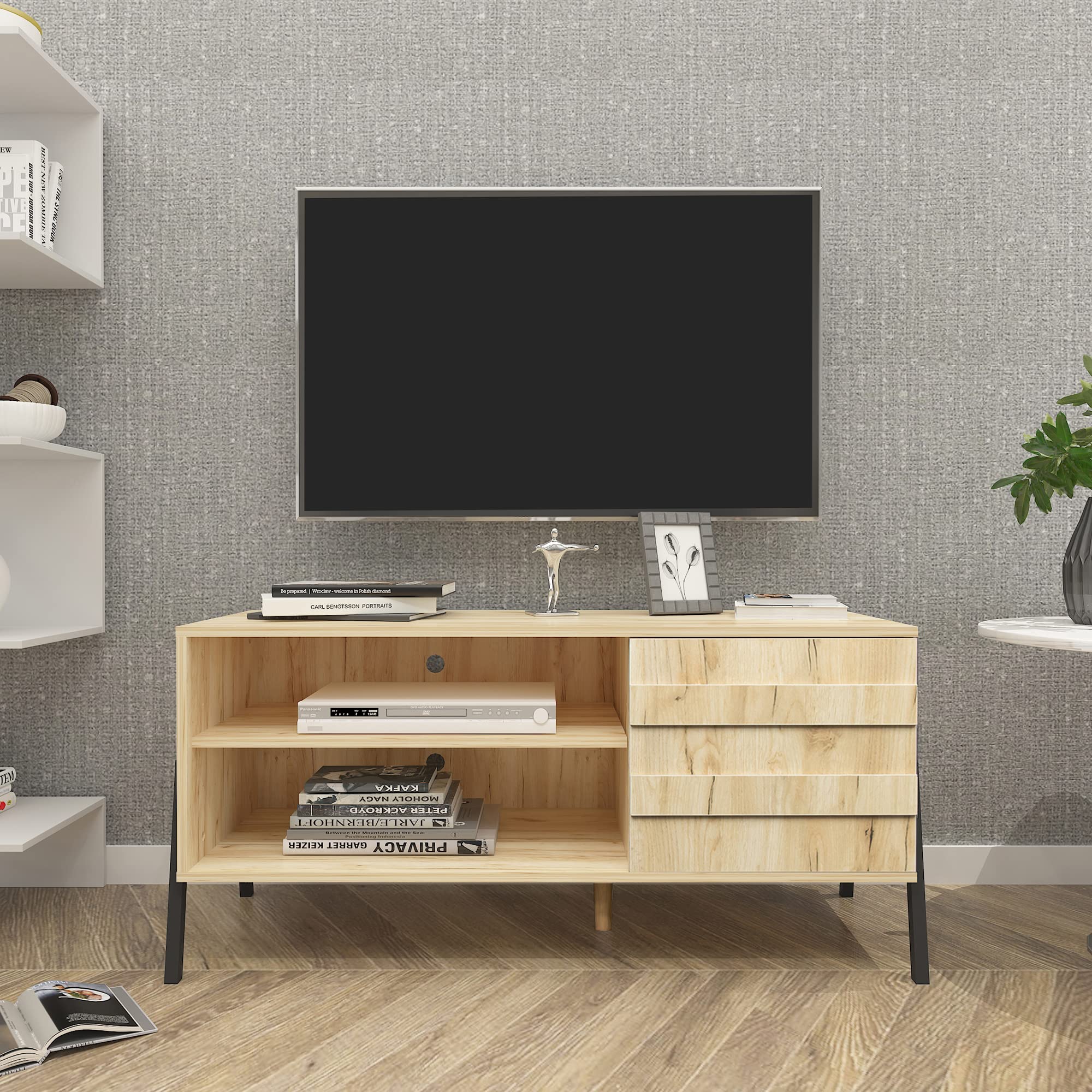 Mid-Century Modern Wooden TV Stand with Storage - Oak Brown Entertainment Center for Living Room, Bedroom & Office | Media Console with Shelves for TV, Gaming & Home Theater Setup