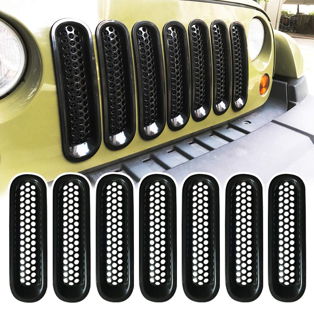 2007-2017 Jeep Wrangler JK Unlimited Rubicon Sahara Matte Black Front Grille Mesh Inserts (7-Piece Set) - Durable Off-Road Protection & Custom Style Upgrade for Jeep Accessories | Perfect for Trail Riding & Urban Driving