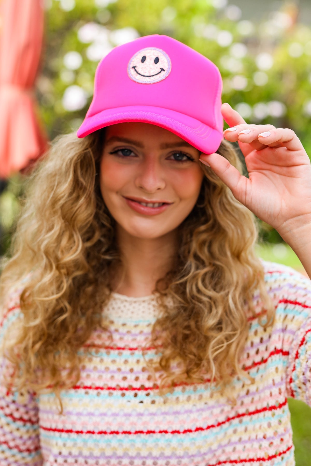 Neon Pink Glitter Smiley Face Mesh Trucker Hat - Trendy Unisex Baseball Cap for Women & Men - Perfect for Festivals, Concerts, Raves & Summer Outfits