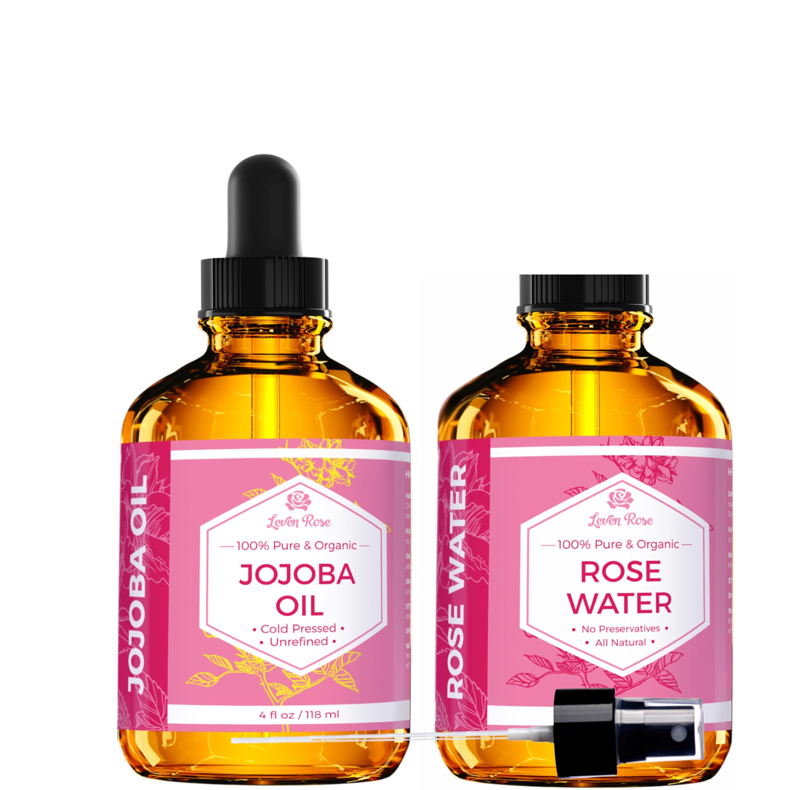 Leven Rose Jojoba Oil & Pure Moroccan Rosewater 4oz Bundle - Natural Facial Toner, Moisturizer for Skin, Hair, Body & Nails | Hydrating Skincare Set for Dry Skin, Anti-Aging & Daily Beauty Routine