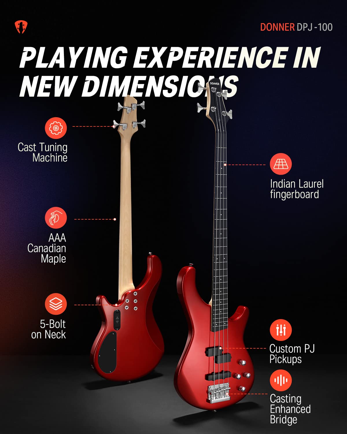 **Donner DPJ-100 4-String Full-Size Electric Bass Guitar for Adults – PJ-Style Pickups, Red with Gig Bag, Strap & Cable – Perfect for Beginners, Practice & Live Performances**