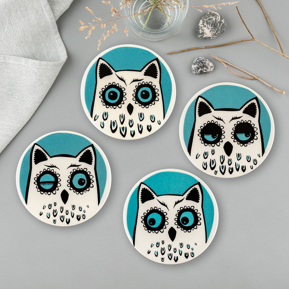 Handmade Ceramic Owl Coasters Set of 4 - Unique Home Decor for Coffee Table, Kitchen & Office - Perfect Gift for Owl Lovers & Housewarming