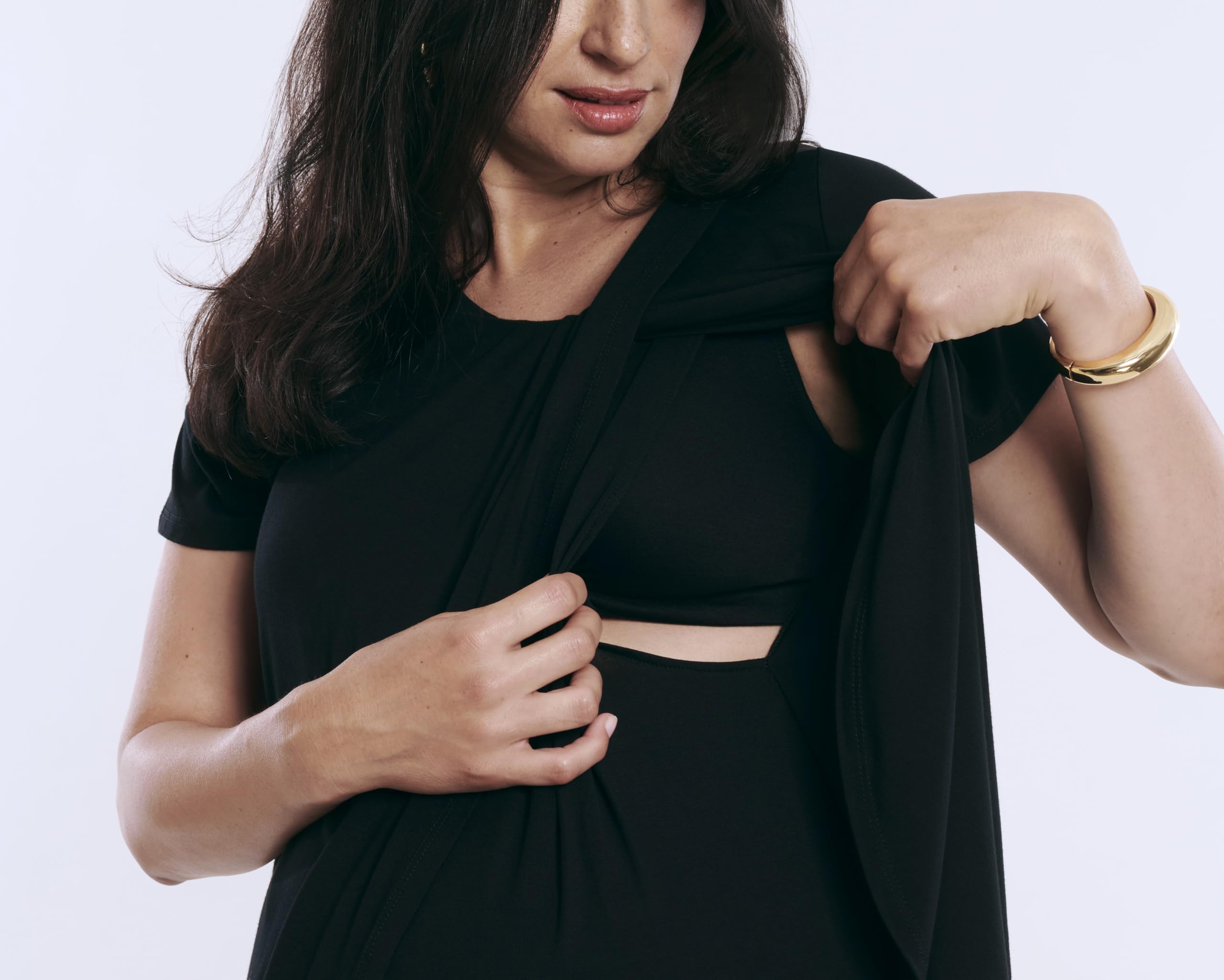 Motherhood Maternity Women's Nursing Tee - Soft Short Sleeve Scoop Neck Maternity Shirt with Layered Tulip Design | Perfect for Breastfeeding, Pregnancy & Everyday Comfort