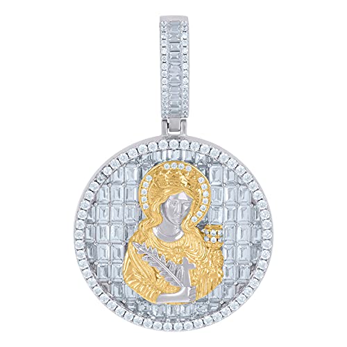 925 Sterling Silver Yellow Tone Men's Baguette CZ Cubic Zirconia Simulated Diamond St. Barbara Medallion Religious Charm Pendant Necklace - Perfect Jewelry Gift for Men, Baptism, First Communion & Spiritual Protection