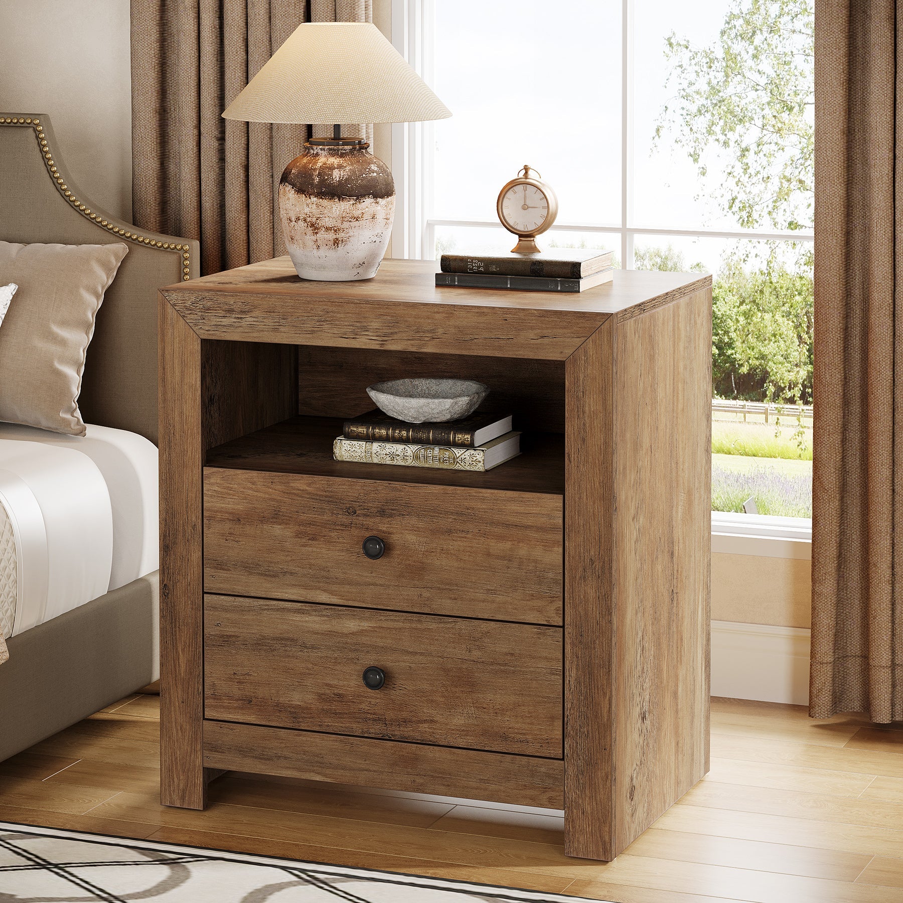 23.6 Inch Rustic Nightstand with 2 Storage Drawers - Wooden Bedside Table for Bedroom, Living Room & Office - Compact End Table with Ample Storage Space