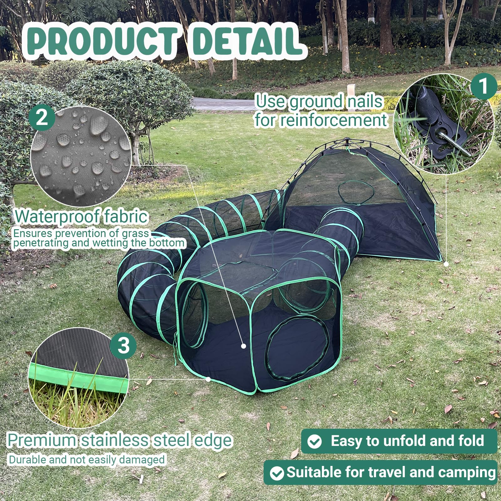 Outdoor Cat Tent with Tunnels - Foldable Portable Cat Enclosure for Indoor & Outdoor Use - 4-in-1 Pet Playpen Includes 2 Tents & 2 Tunnels - Perfect for Backyard, Camping, and Travel Adventures with Your Cat