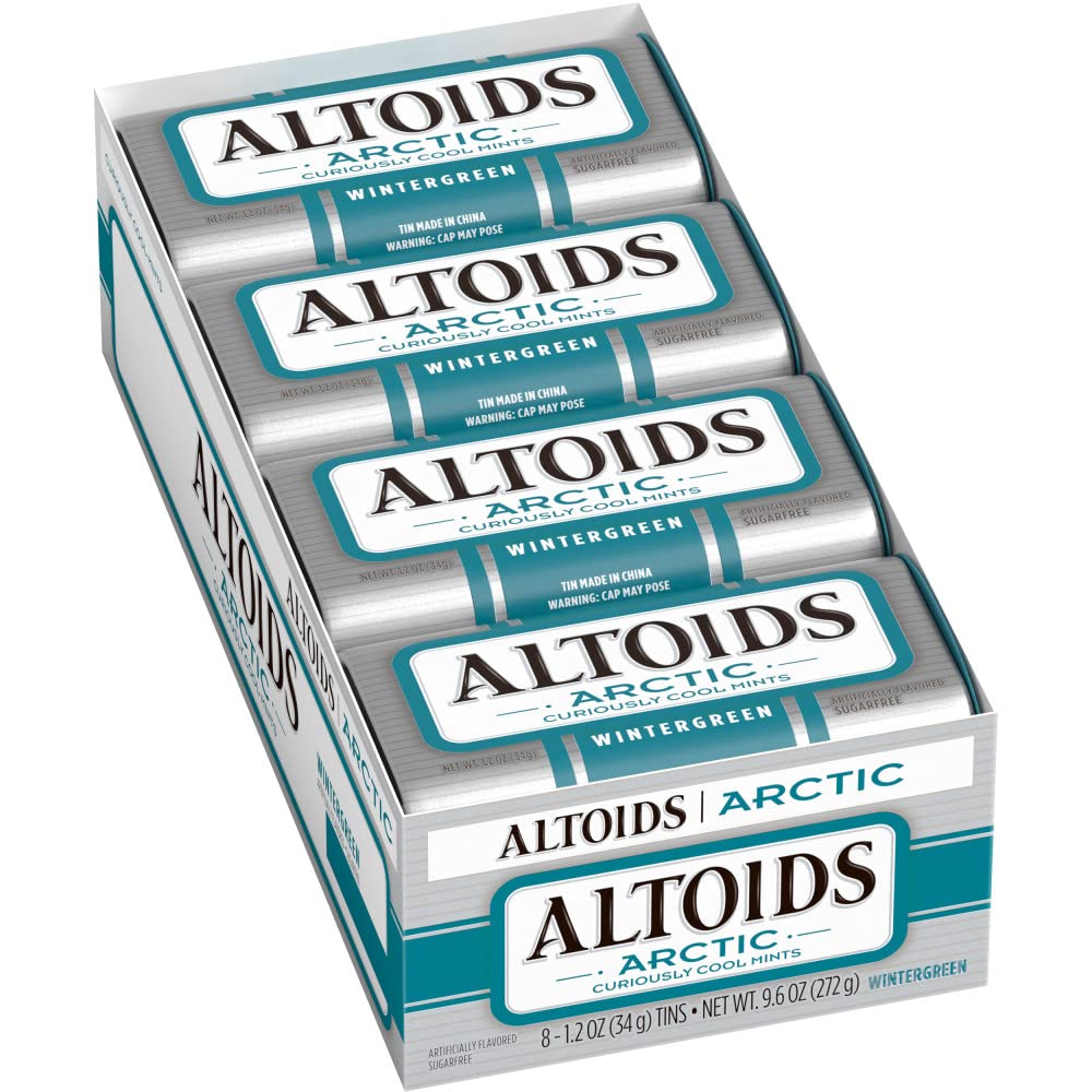 ALTOIDS Arctic Wintergreen Sugar-Free Breath Mints - 8 Pack (1.2 oz Tins) | Fresh Mint Candy for Bad Breath, Travel & Office Use | Bulk Hard Candies for Oral Care & On-the-Go Freshness