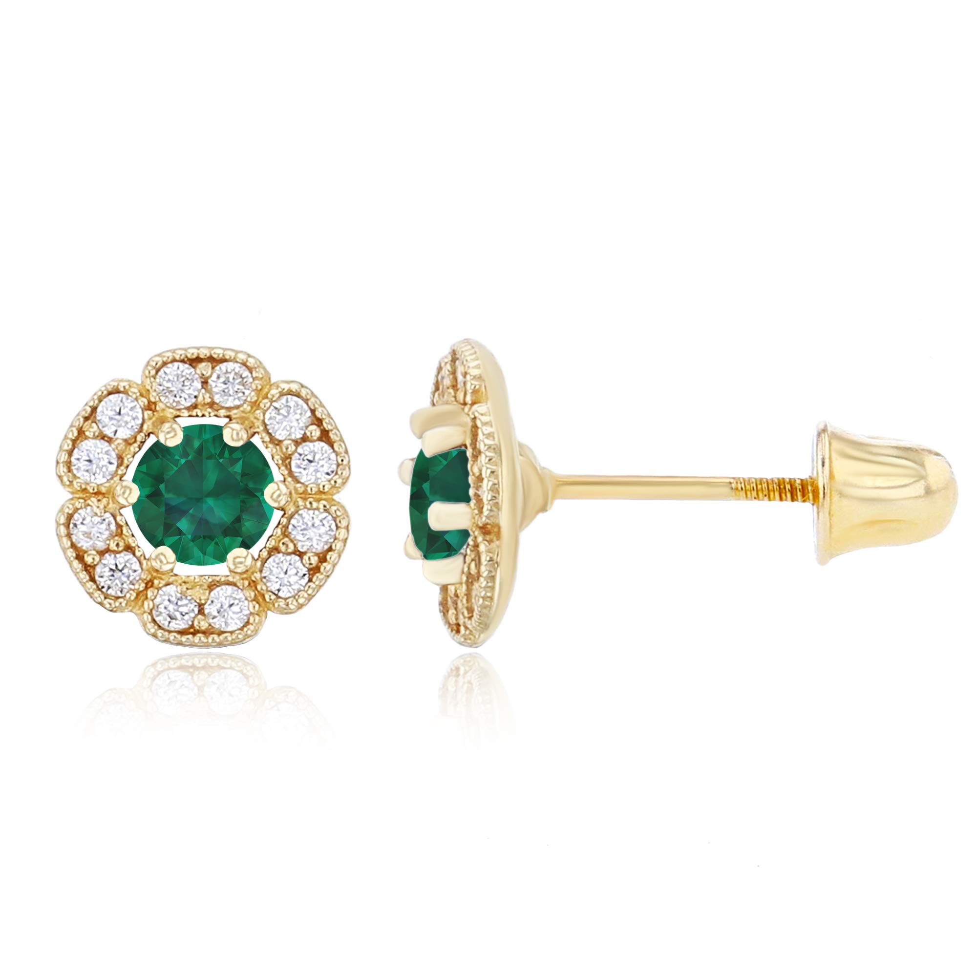 14K Solid Gold 6mm Natural Birthstone Flower Screwback Stud Earrings for Women | 7mm Round Birthstone | 1mm Created White Sapphire Floral Earrings | Perfect for Birthdays, Anniversaries & Everyday Elegance