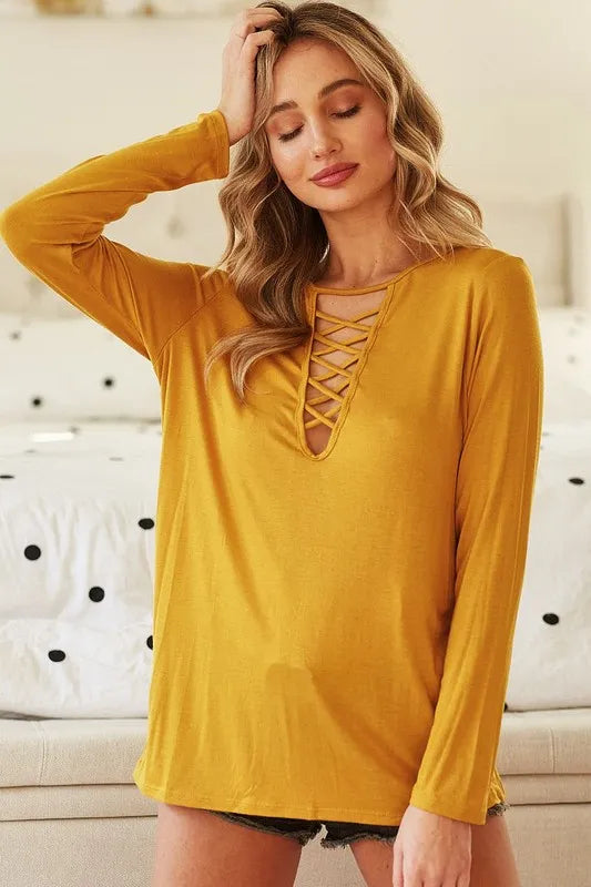 BiBi Jersey Knit Women's T-Shirt with Criss Cross Caged Neck Detail - Casual Summer Tops for Streetwear & Date Night Outfits