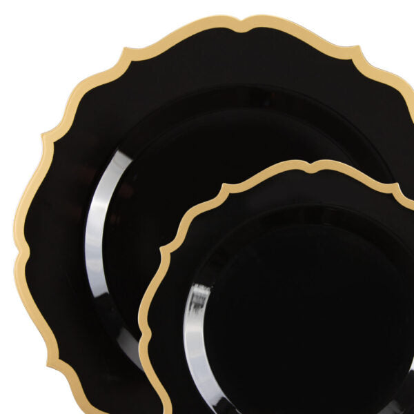 32-Piece Black and Gold Round Plastic Dinnerware Set - Elegant Disposable Plates, Cups, Forks, Knives & Spoons for 16 Guests - Perfect for Parties, Weddings, BBQs & Outdoor Events