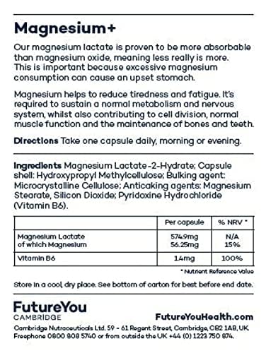 FutureYou Cambridge Magnesium+ 575mg Supplement – 28 High Strength Magnesium Lactate Capsules with Vitamin B6 – Supports Energy, Reduces Fatigue & Promotes Bone Health – Ideal for Athletes, Busy Professionals & Active Lifestyles