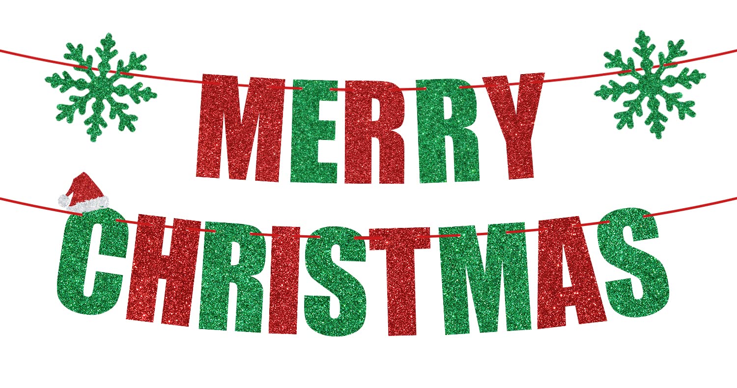 Red & Green Glitter Merry Christmas Banner - Feliz Navidad Party Decor for Indoor Holiday Celebrations | Perfect for Christmas Tree Decorations, Home Parties & Festive Wall Hangings