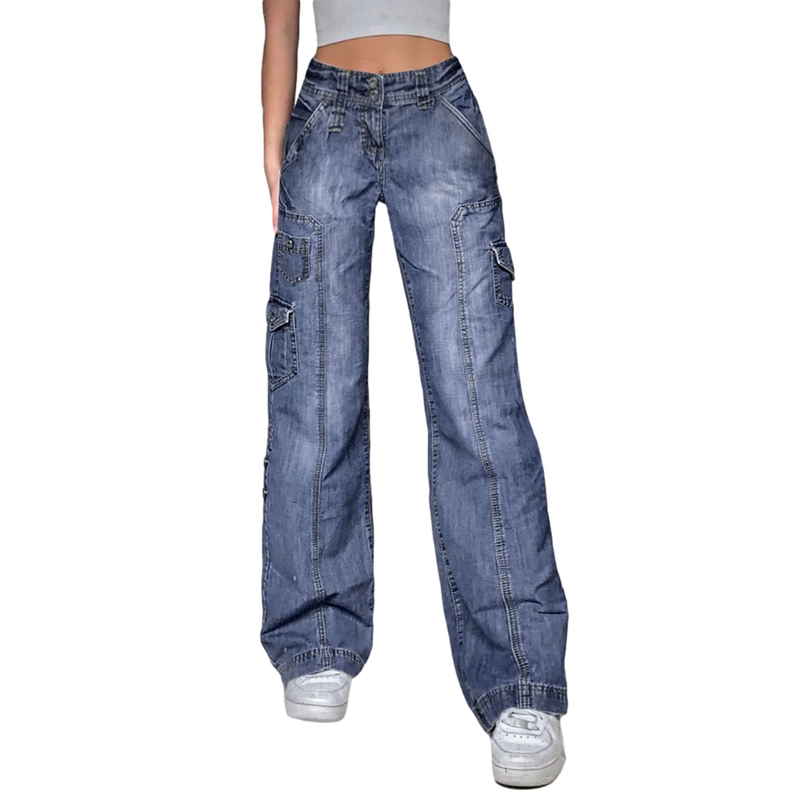 Women's High Waist Baggy Jeans with Flap Pockets - Relaxed Fit Straight Wide Leg Cargo Denim Pants for Y2K Boyfriend Streetwear | Casual Outfit, Urban Fashion, Everyday Wear