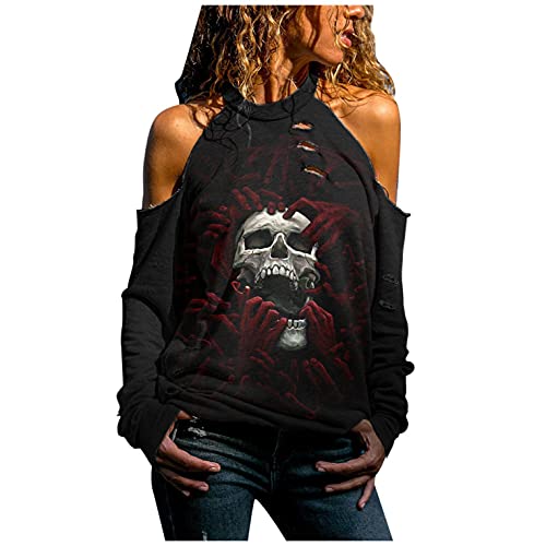 Women's Long Sleeve Cotton Pullover Sweatshirt - Halloween Halter Neck Cold Shoulder Casual Top (Black) | Perfect for Fall Fashion, Halloween Parties & Everyday Wear