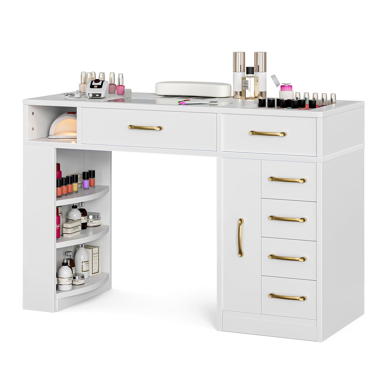 Professional Manicure Table Nail Station for Nail Technicians - Acetone Resistant Glass Top with Built-in Dust Collector - 7 Drawers & 3-Tier Shelves Beauty Workstation - Ergonomic Wrist Cushion & Golden Handles (White) - Perfect for Salon, Spa & Home Nail Art Studio