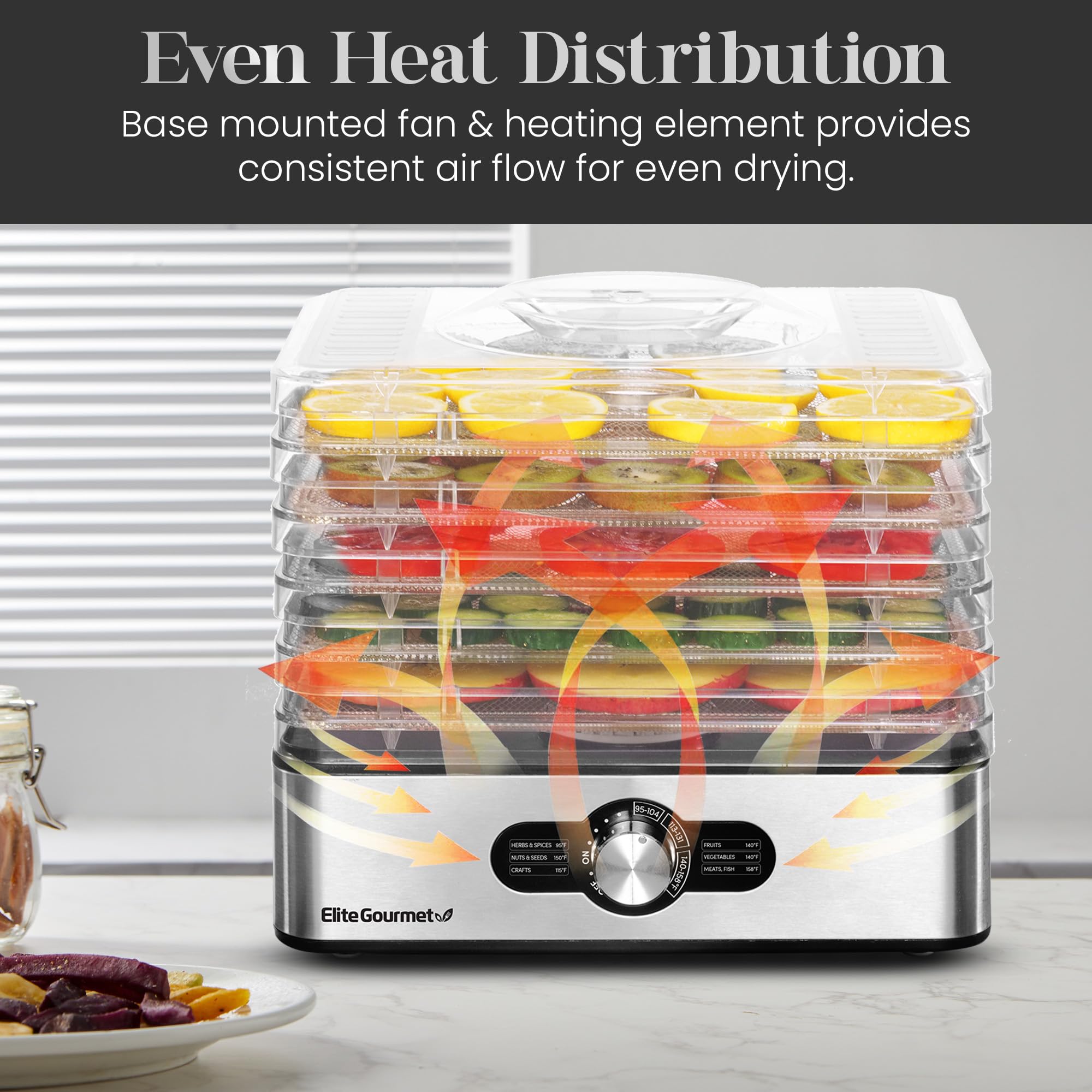Elite Gourmet EFD3321X Stainless Steel Food Dehydrator with Adjustable Temperature - Perfect for Making Beef Jerky, Drying Herbs, Fruits, Vegetables & Healthy Snacks | Ideal for Home Kitchen, Camping & Meal Prep