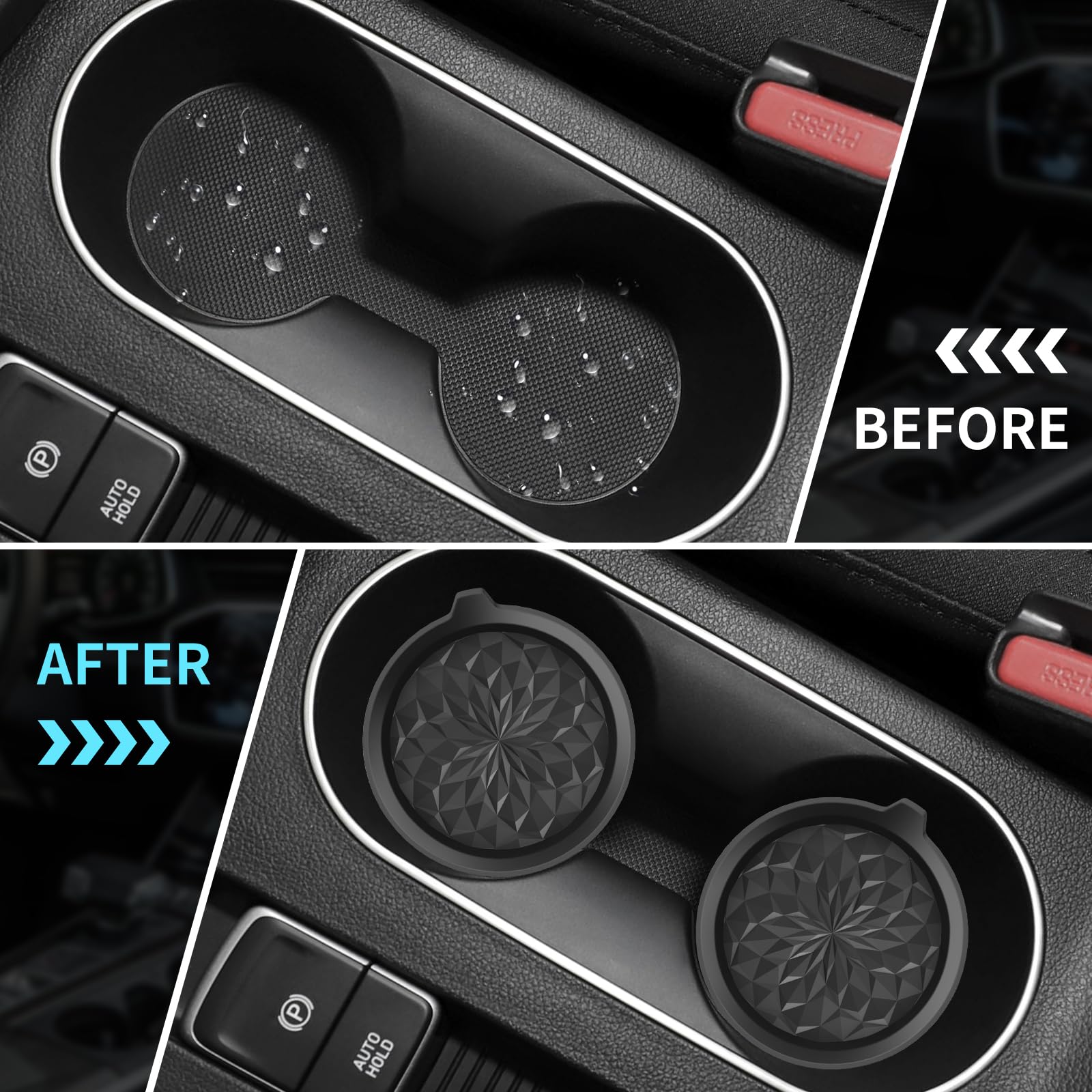 ME.FAN 4-Pack Silicone Car Cup Coasters - Non-Slip Recessed Cup Holder Inserts for Cars, Universal Fit Auto Accessories - Perfect for Coffee, Soda & Water Bottles in Vehicles (Black)