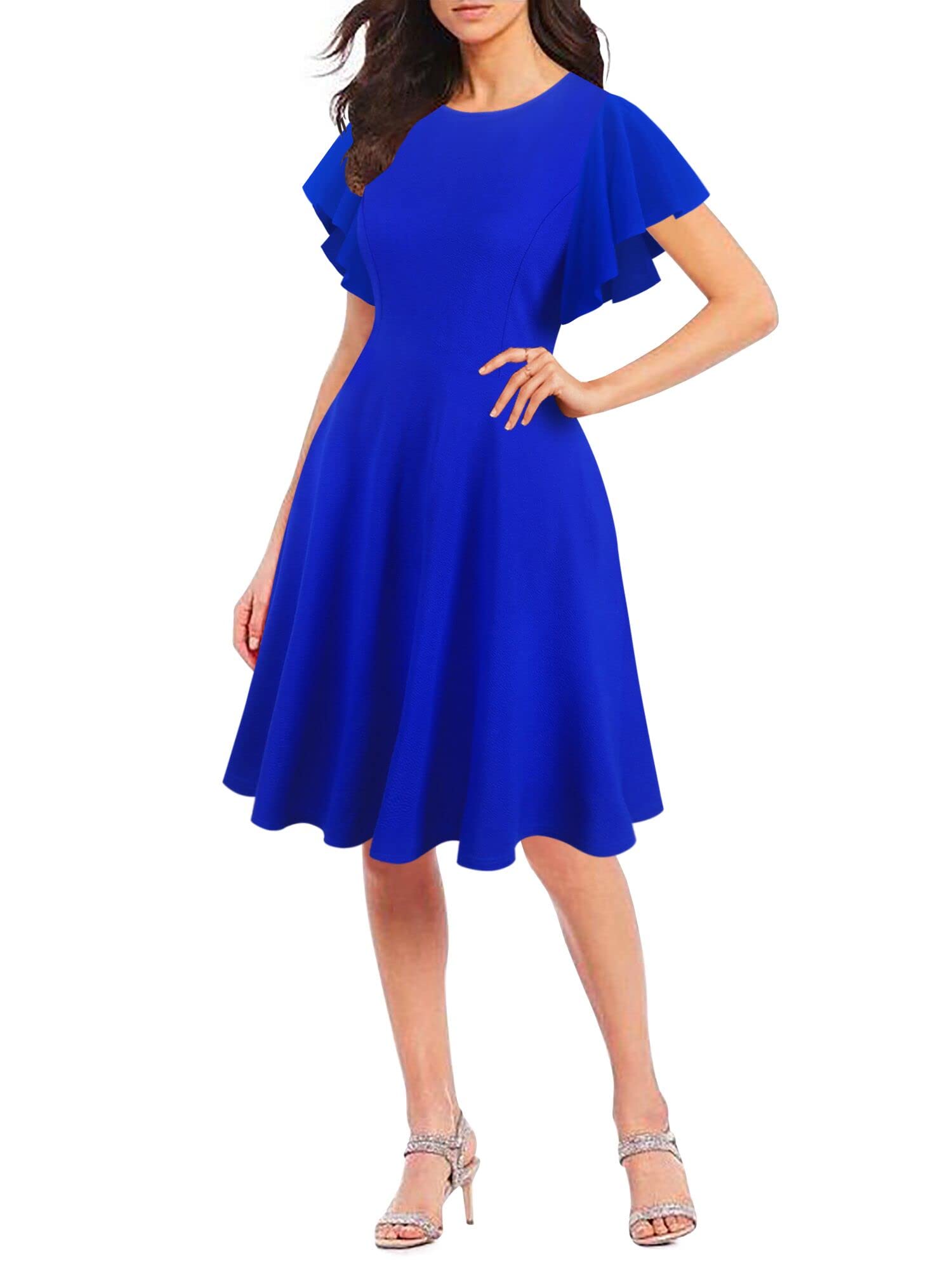 Oxiuly Women's Vintage Flare Sleeve Scoop Neck Church Dress with Pockets - Elegant Cocktail Party Dress for Wedding, Easter, Sunday Service & Special Occasions