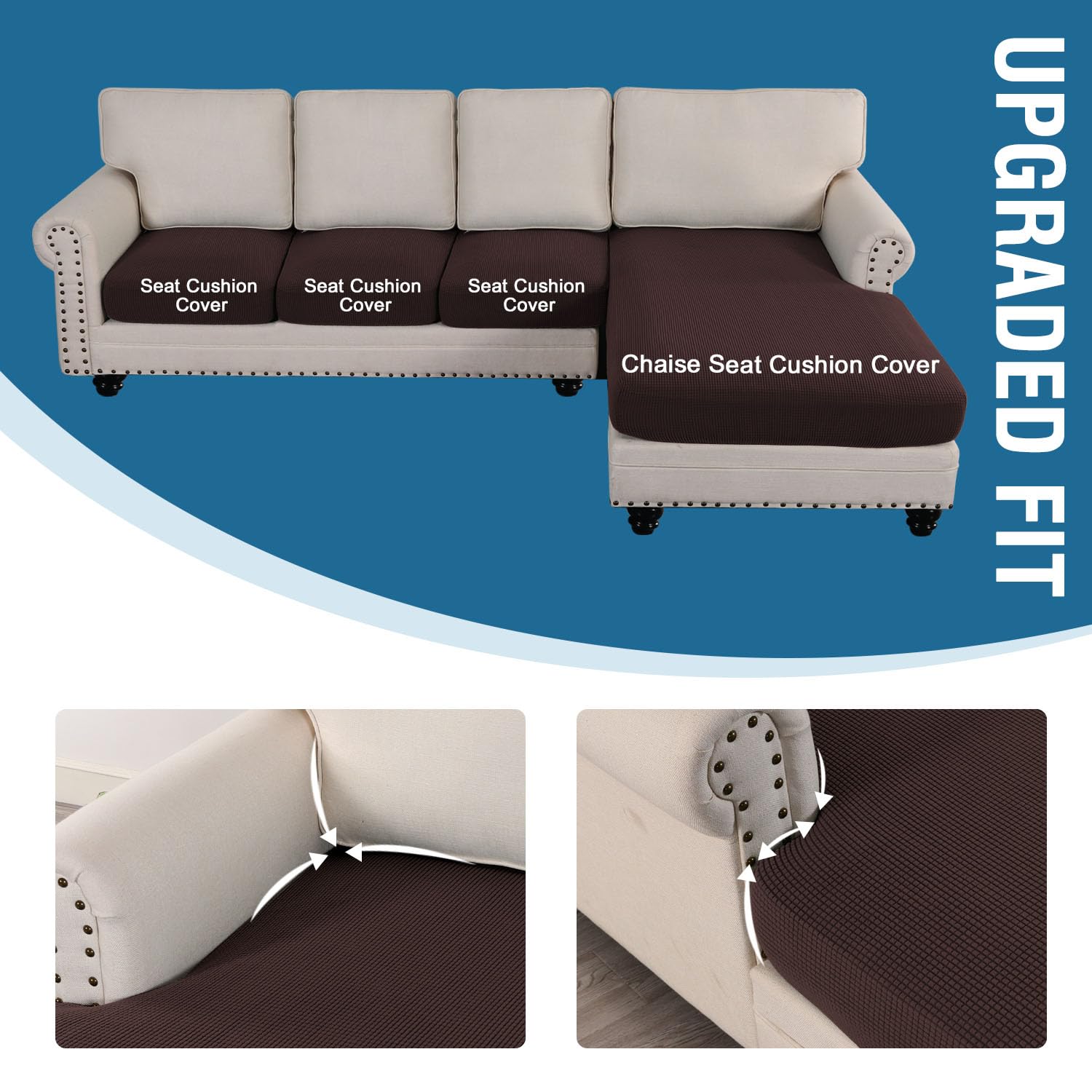 H.VERSAILTEX 4-Piece L-Shaped Sectional Sofa Covers - Reversible Left/Right Chaise Lounge Covers with 3 Seat Cushion Protectors (Chocolate Brown) for Living Room, Family Room & Home Theater Comfort