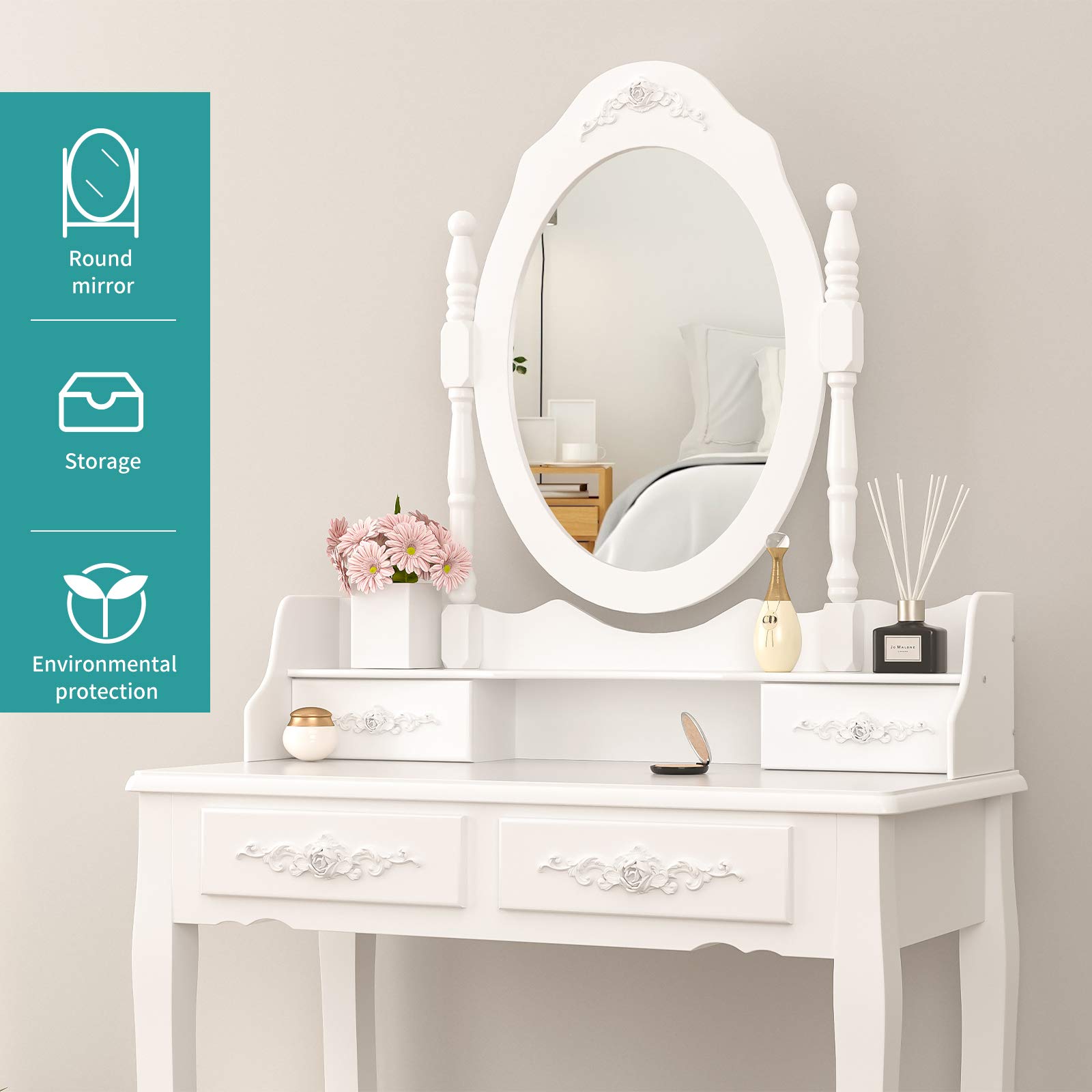 Vanity Table Set with Oval Mirror & Stool - White Wooden Dressing Table with 4 Drawers for Bedroom Makeup Organization | Perfect for Small Spaces, Bridal Suite & Home Beauty Corner