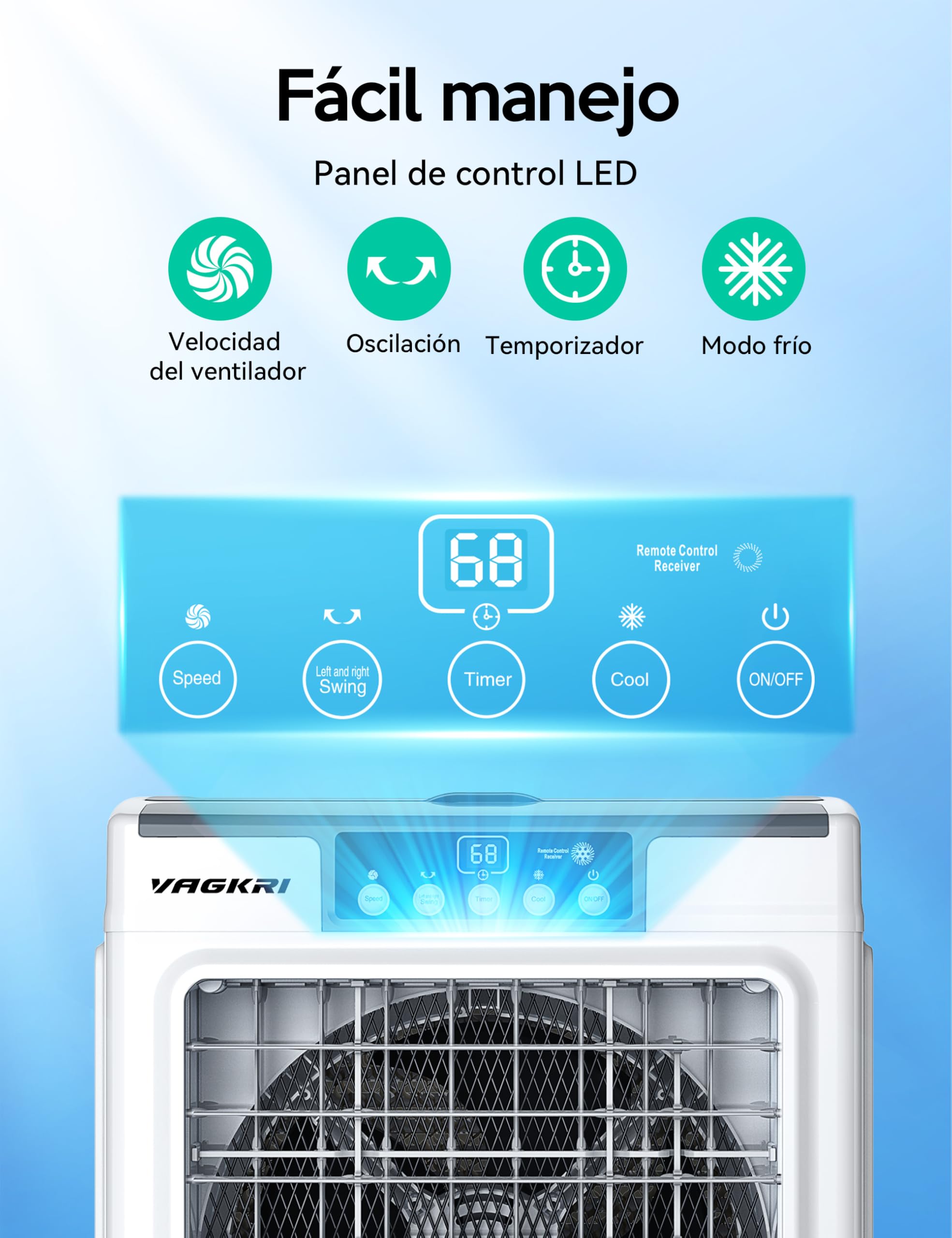 VAGKRI 2100CFM Evaporative Air Cooler with Remote Control - 120° Oscillation, 24H Timer, 3 Speed Settings & 8 Gallon Tank - Portable Swamp Cooler for Indoor, Outdoor, Patio, Garage, and Office Use