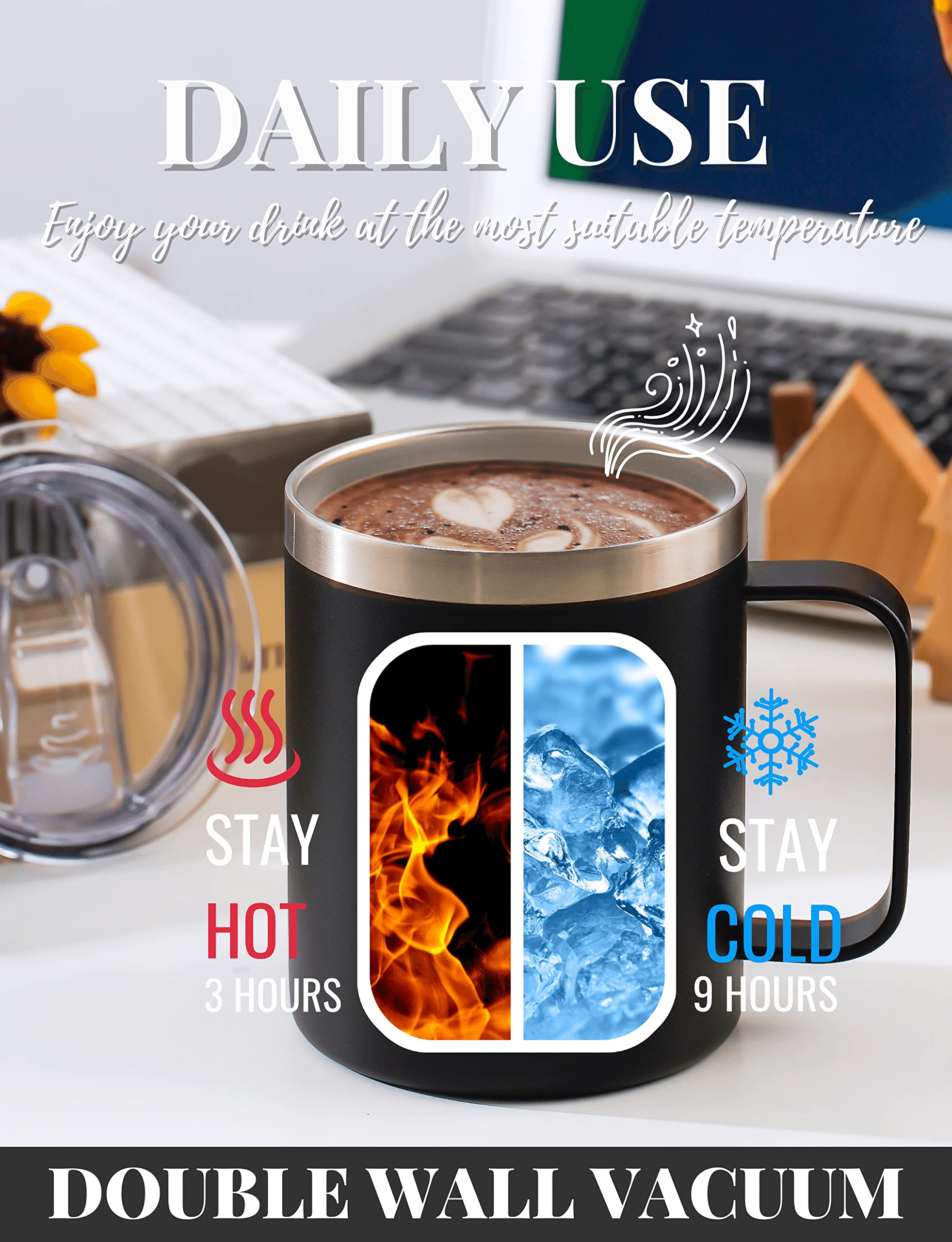 Onebttl Insulated Stainless Steel Cat Mug with Lid - 12oz Funny Coffee Cup for Cat Lovers - Perfect Gift for Cat Dad on Birthday & Christmas - Black - Ideal for Home, Office & Coffee Breaks