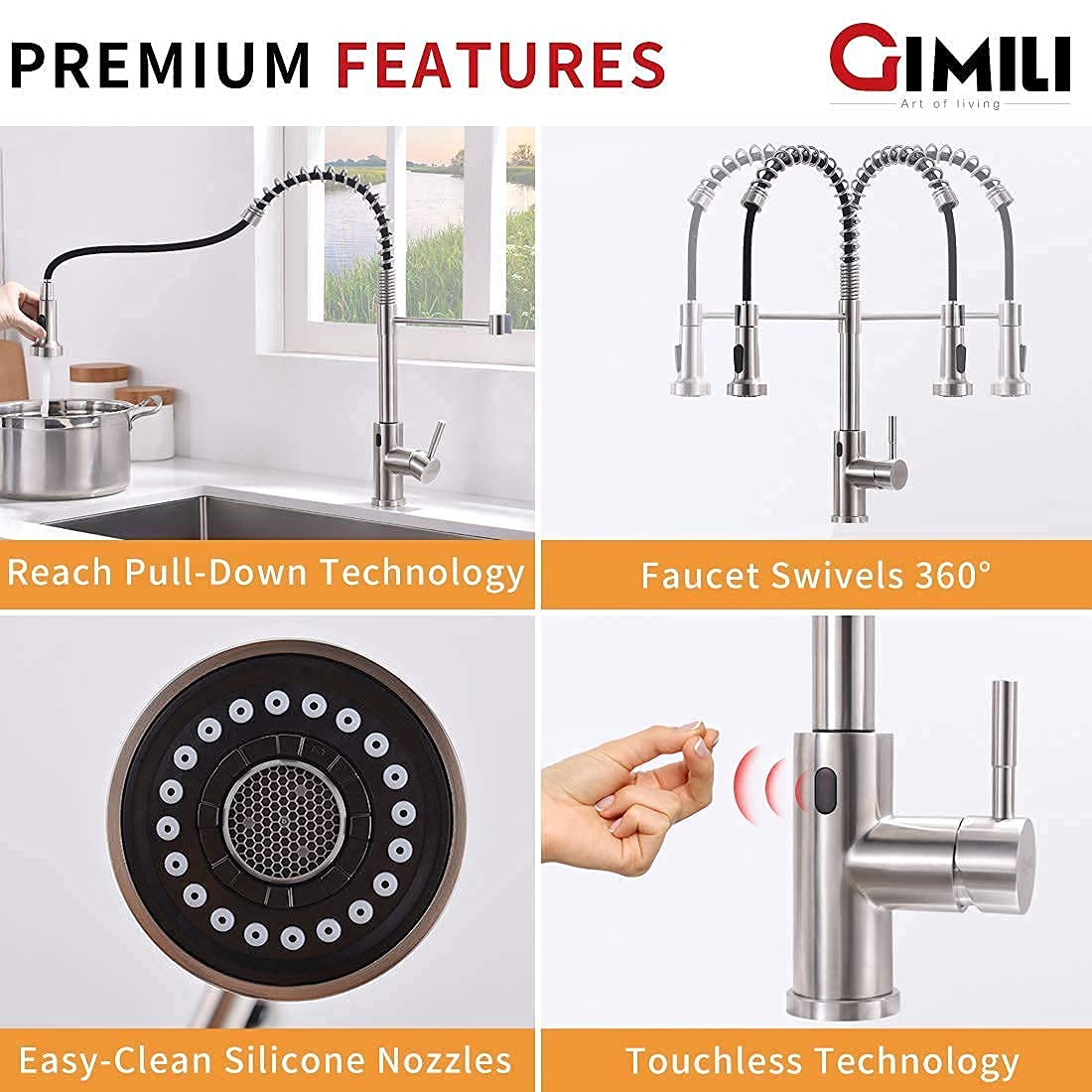 GIMILI Touchless Spring Kitchen Faucet with Soap Dispenser - Brushed Nickel Finish, Hands-Free Sensor Faucet for Modern Kitchens | Perfect for Cooking, Washing Dishes & Hygienic Food Prep