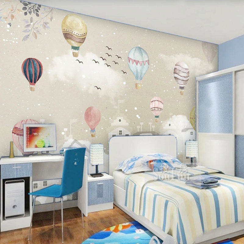Whimsical Hot Air Balloons Nursery Wallpaper - Flying Balloon Theme for Baby Room Decor & Kids Bedroom Design