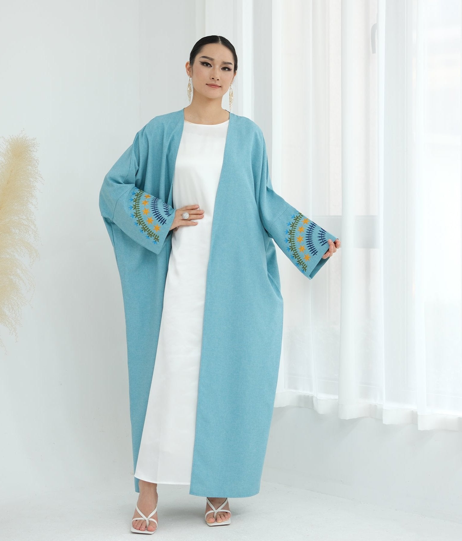 Carin Embroidered Kimono Duster Jacket - Duck Blue | Lightweight Cover-Up for Women | Perfect for Beach, Vacation & Boho Outfits