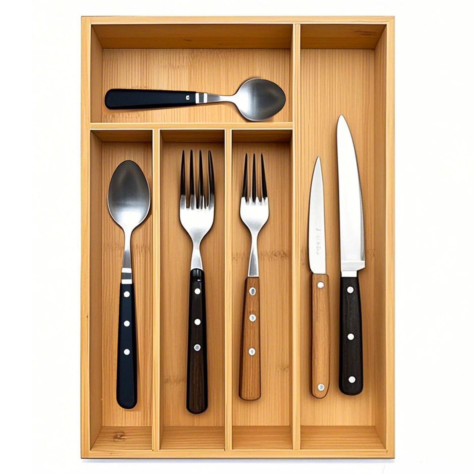 Bamboo Silverware Drawer Organizer - 5 Slot Cutlery Tray with Adjustable Grooved Dividers for Kitchen Utensils, Knives, Forks & Spoons - Perfect for Kitchen & Bedroom Storage Organization