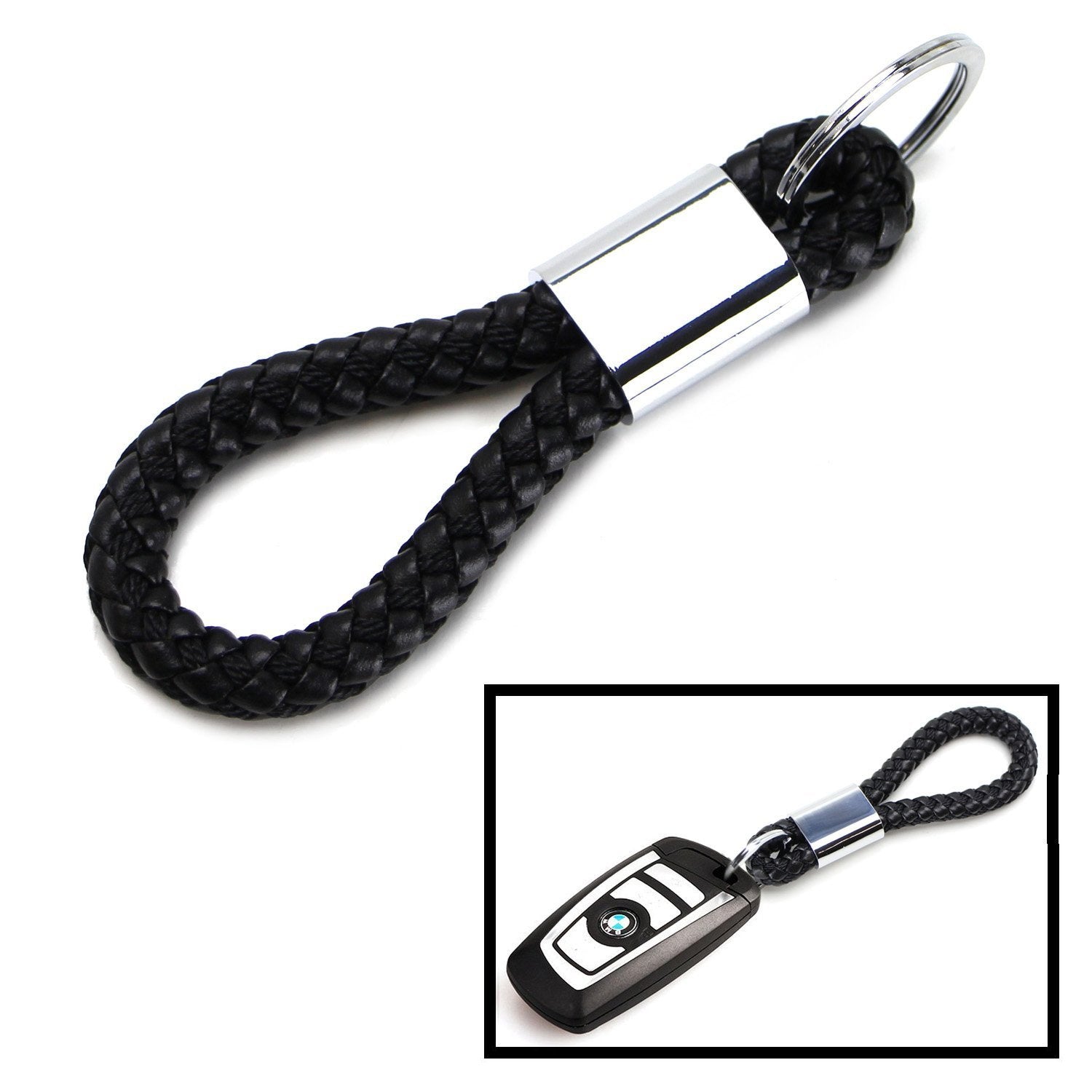 Black Braided Leather Keychain Ring for Car Keys & Key Fobs - Durable & Stylish Key Organizer for Vehicles, Home, and Office Use