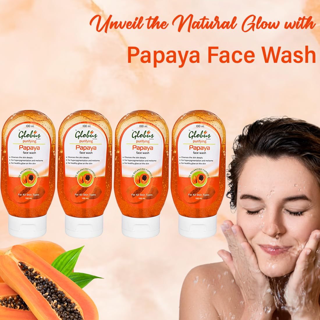 Globus Papaya Purifying Face Wash for Acne & Oily Skin - 100ml (Pack of 4) | Deep Cleansing & Brightening Facial Cleanser | Daily Skincare Routine for Women & Men