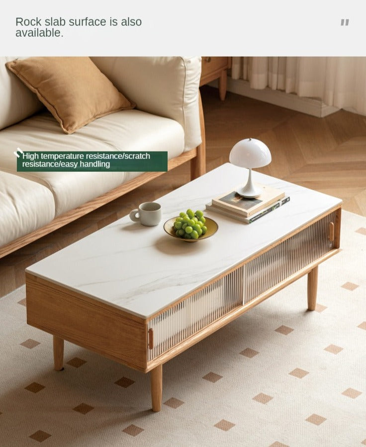 Solid Oak and Beech Wood Coffee Table with Glass Doors - Modern Living Room Furniture for Home Decor and Entertainment