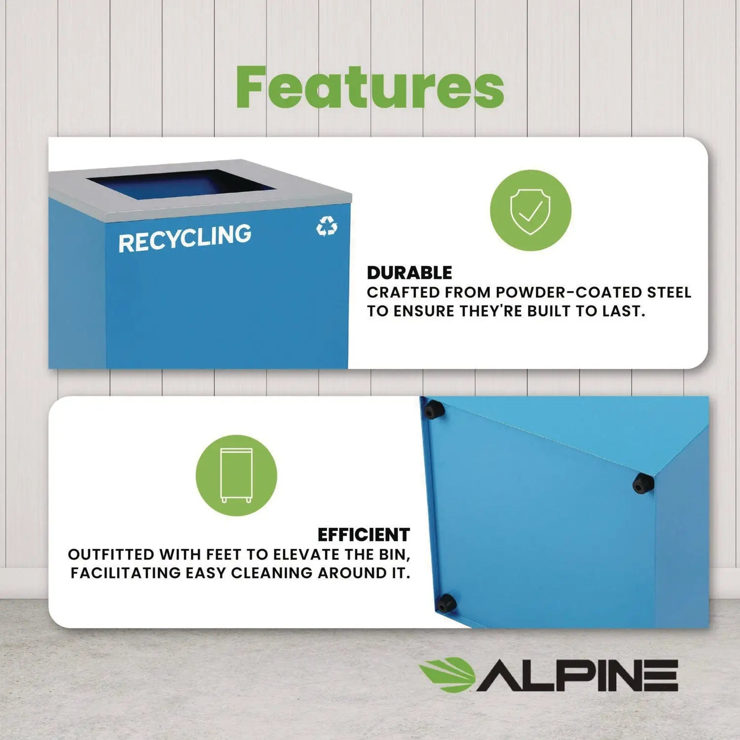 Alpine Industries 29 Gallon Steel Trash & Recycling Bin with Square Lid - Blue Recycling Can for Kitchen, Office, Garage Waste Management