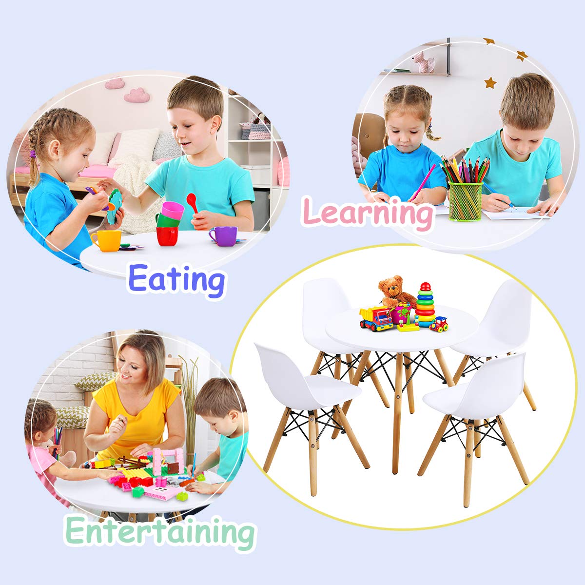 Costzon 5-Piece Kids Table and Chair Set - Mid-Century Modern Style Wooden Legs & Iron Frame Toddler Desk for Dining, Drawing, Playing - High Weight Capacity (White) - Perfect for Preschool Learning, Playroom, and Children's Activities