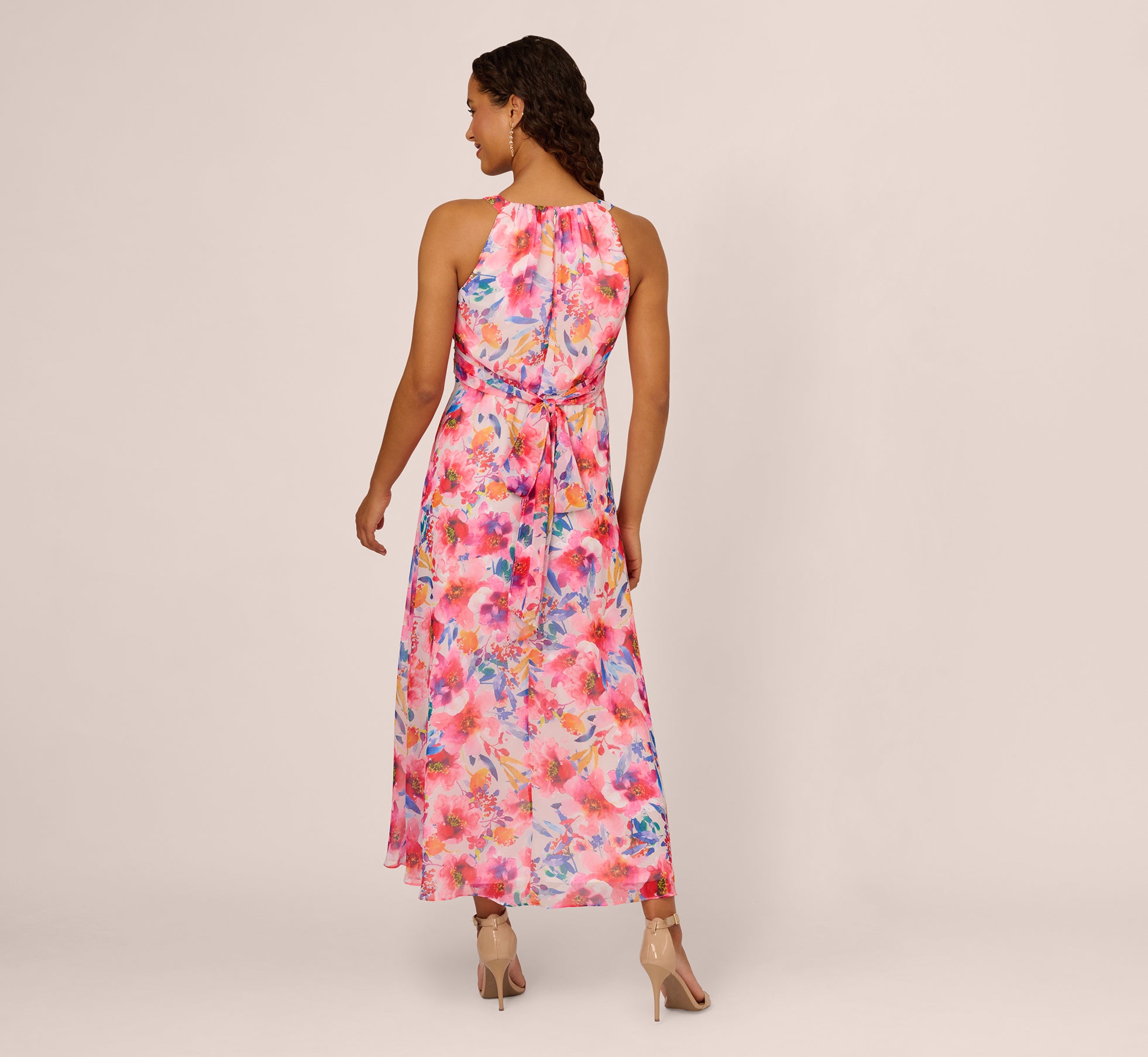 Elegant Sleeveless Floral Print Chiffon Halter Dress with Adjustable Waist Tie - Ivory & Multi Color Summer Dress for Beach Wedding, Party & Vacation