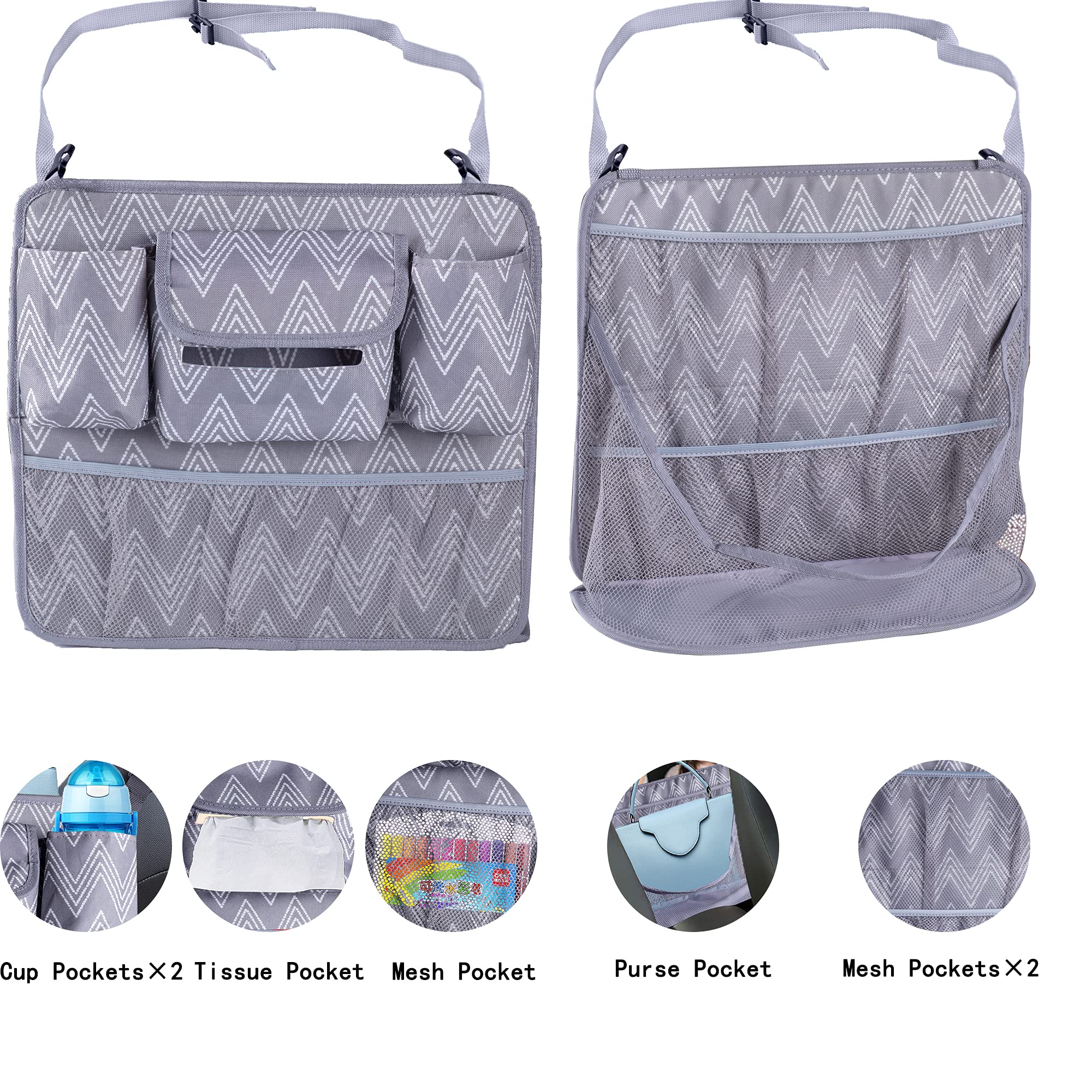 Car Seat Organizer with Net Pocket - Handbag & Purse Holder Between Front Seats | Collapsible Storage for Car Organization | Pet & Kids Barrier | Perfect for Road Trips & Daily Commutes (Gray Chevron)