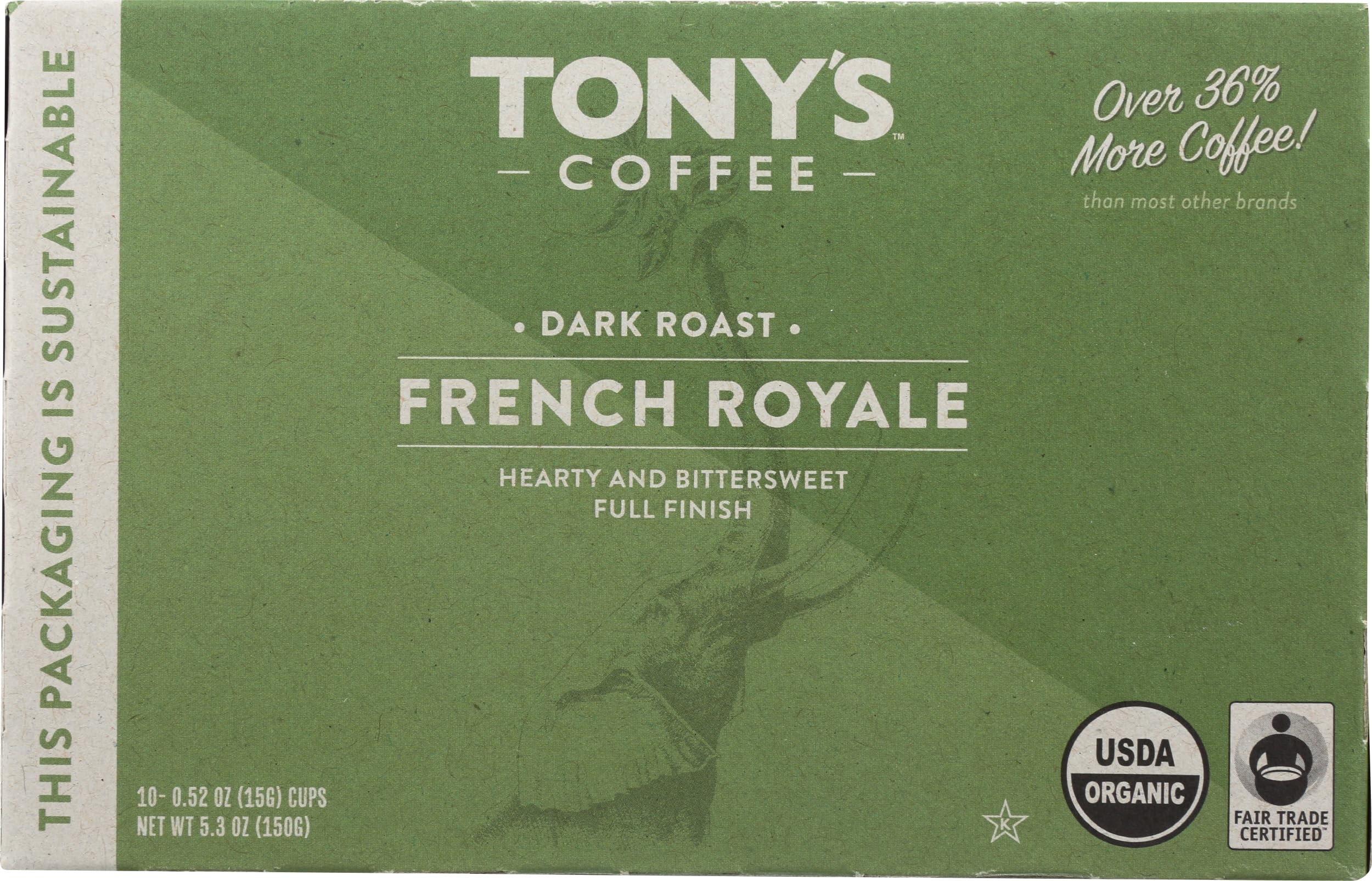 Tony's Coffee French Royale Dark Roast Single Serve Coffee Pods, 10 Count - Rich & Bold Flavor for Keurig Machines - Perfect for Morning Brew or Office Use